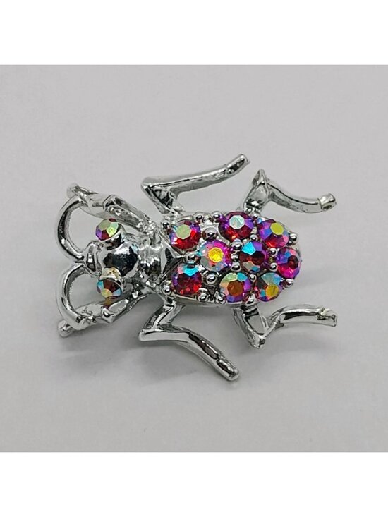 Unbranded Jewelry - Red AB Rhinestone Beetle Bug Insect Brooch Pin 1 1/4" Silver Tone